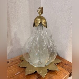 Vintage Glass Pear Decanter Brass Stand Mid Century Bar wear Made in Italy Rare